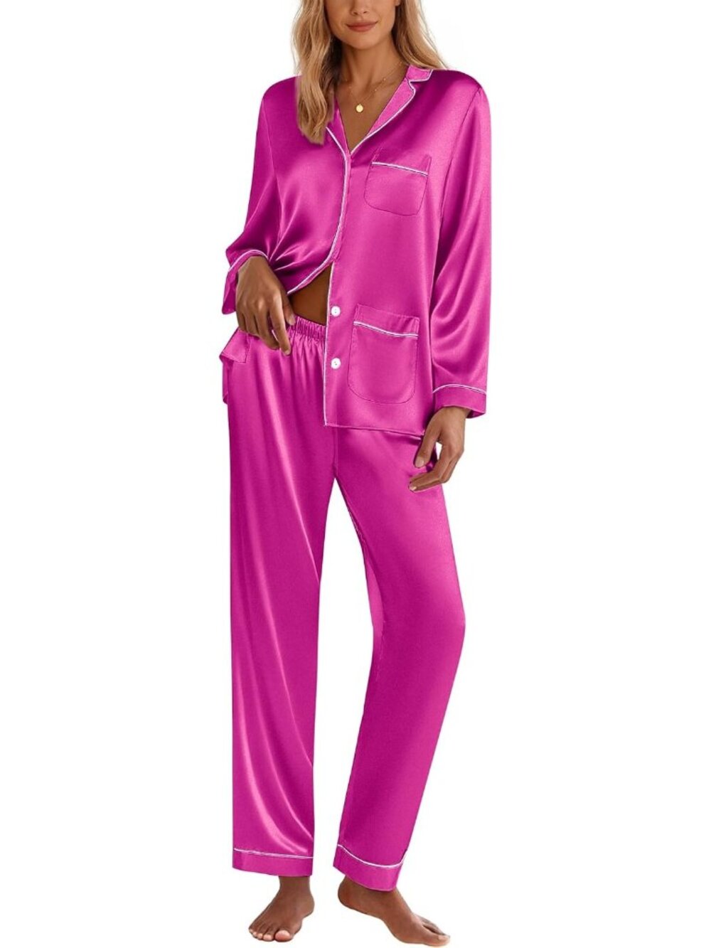 Women's Rose Soft Button Down Long Sleeve Sleepwear Pajama Set with Pocket